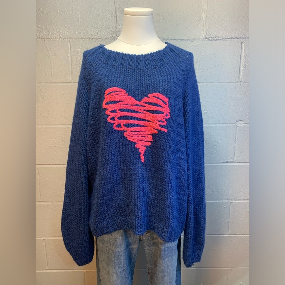 Elan Wool Blend Royal Blue Chunky Knit Sweater Pink Heart Women's Size Large